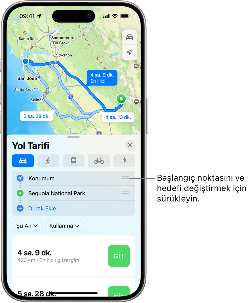 Konumum ile bir hedef arasında sürüş için yol tarifi için birçok olası güzergâh içeren bir harita.