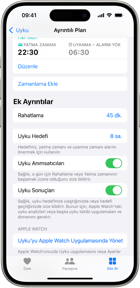Ayrıntılı Plan ekranının Ek Ayrıntılar bölümü.