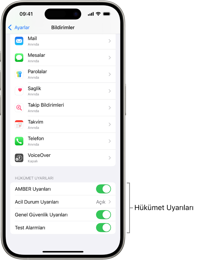 Hükümet uyarılarını almak için açabileceğiniz Hükümet Uyarıları’nı gösteren Bildirimler ekranı.