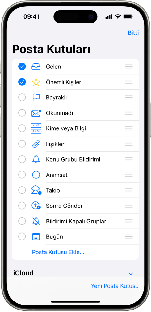 Posta Kutuları düzenleme ekranı. İsteğe bağlı posta kutuları yukarıdan aşağıya, her bir seçeneğin solunda bir onay kutusu ile listeleniyor. Ekranın sağ alt köşesinde Yeni Posta Kutusu etiketli bir düğme var.