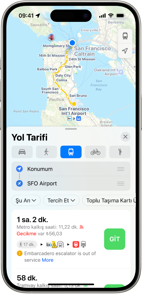 Toplu taşıma güzergâhlarını gösteren bir harita. En alttaki güzergâh kartı; tahmini yolculuk süresi ve toplam maliyet dahil olmak üzere güzergâh için ayrıntılar sunuyor. Ayrıntıların sağında bir Git düğmesi görünür.