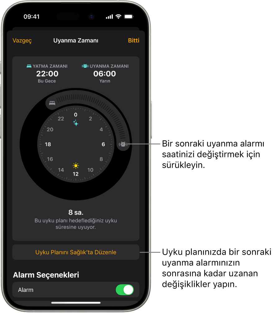 Bir sonraki uyanma alarmını değiştirme ekranı. Çalan alarm düğmesinin konumu, alarmın saatini ayarlıyor.