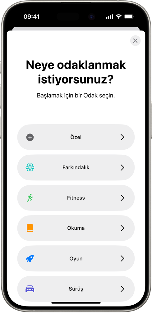 Özel, Sürüş, Fitness, Oyun, Farkındalık ve Okuma da dahil olmak üzere sağlanan ek Odak seçenekleri için Odak ayarlama ekranı.