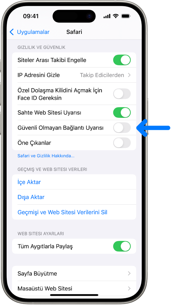 Ayarlar’daki Safari ekranında Gizlilik ve Güvenlik’in altında bulunan Güvenli Olmayan Bağlantı Uyarısı denetimi.