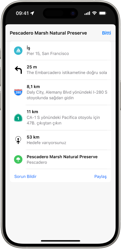 Güzergâha ait, liste olarak gösterilen adım adım yol tarifi.