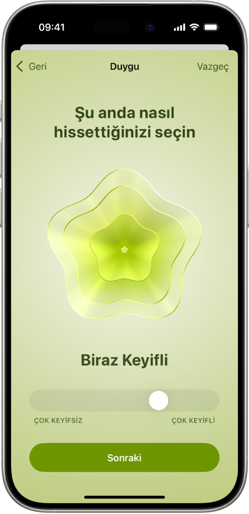 Şu anki duygudurumu Biraz Keyifli olarak belirleyen Sağlık uygulamasında bir ekran. Ekranın en altında, duygu düzeyini ayarlama sürgüsü var.