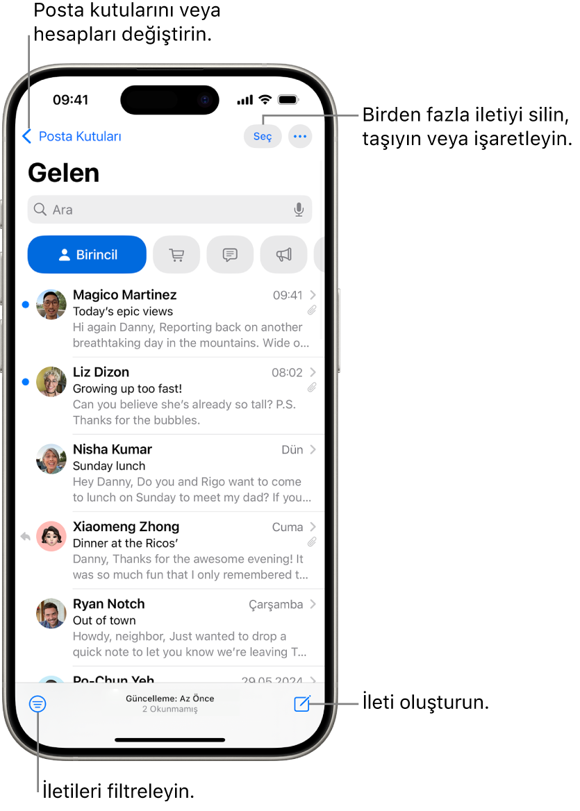 E-postaların listesini gösteren Mail Gelen Kutusu.