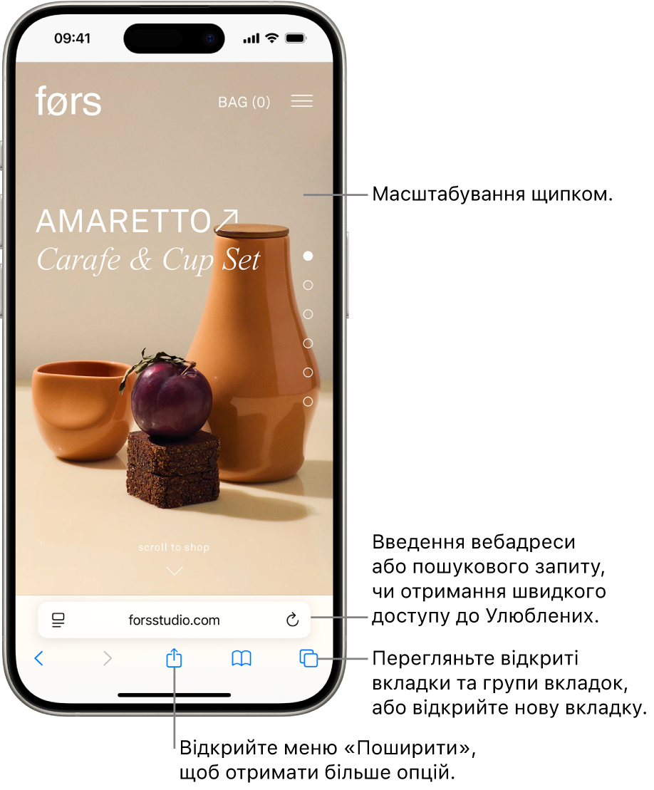 Вебсайт відкрито в Safari, унизу розташовано поле адреси. Унизу зліва направо розміщено кнопки «Назад», «Вперед», «Поширити», «Закладки» та «Вкладки».