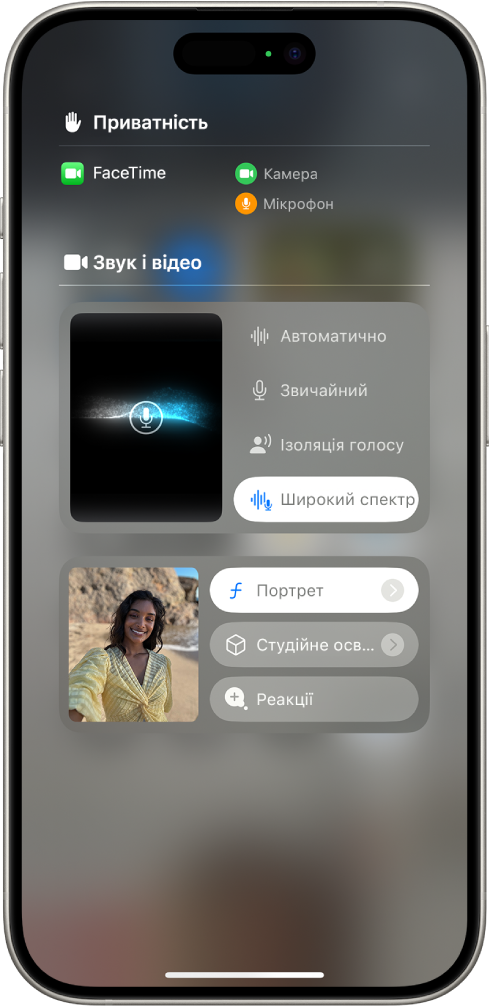 Параметри відеоефектів у Центрі керування під час виклику FaceTime. Портретний режим увімкнено й зображення особи, що здійснює виклик, відображається в збільшеній плитці із застосуванням ефекту «Портрет» у вигляді розмитого фону й виділеного об’єкта.
