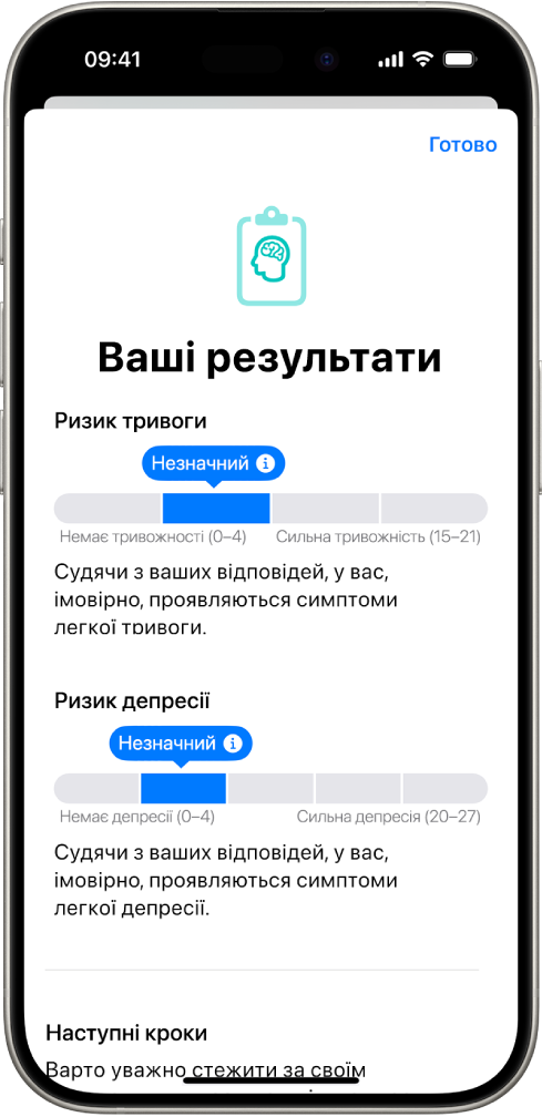 Екран у програмі «Здоровʼя» з результатами опитування, присвяченого психічному здоровʼю.