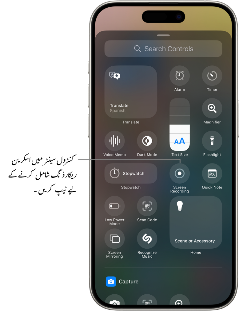 اسکرین کے بیچ میں اسکرین ریکارڈنگ بٹن کے ساتھ کنٹرول گیلری۔