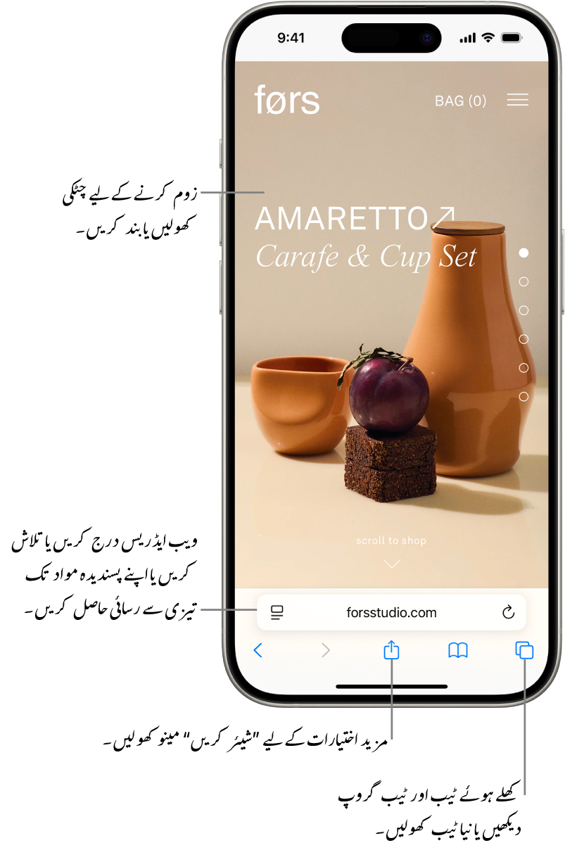 نیچے ایڈریس کے خانے کے ساتھ Safari میں کھلی ہوئی ویب سائٹ۔ نیچے، بائیں سے دائیں طرف “واپس جائیں”، “فارورڈ کریں”، “شیئر کریں”، “بُک مارک” اور “ٹیب” بٹن موجود ہیں۔