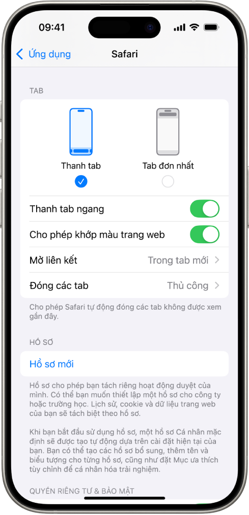 Một màn hình đang hiển thị hai tùy chọn bố cục Safari: Thanh tab và Tab đơn nhất.