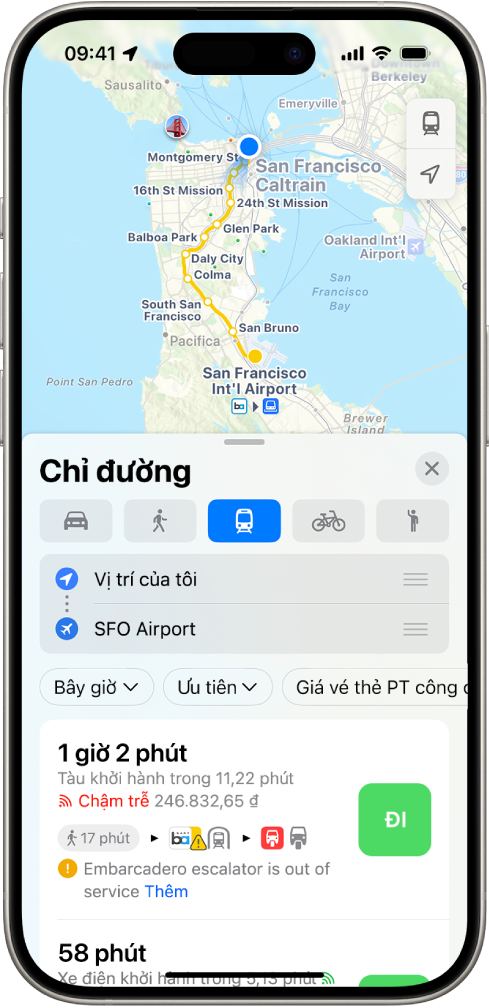 Một bản đồ đang hiển thị các lộ trình phương tiện công cộng. Thẻ lộ trình ở dưới cùng cung cấp các chi tiết cho lộ trình, bao gồm thời gian di chuyển ước tính và tổng chi phí. Một nút Đi xuất hiện ở bên phải của chi tiết.