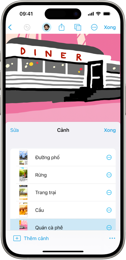 Một cảnh trong Freeform, với Trình điều hướng cảnh ở góc dưới bên phải.