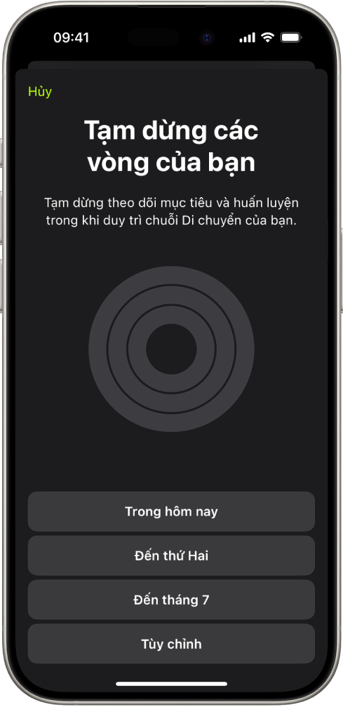 Màn hình Tạm dừng các vòng của bạn trong Thể dục đang hiển thị các tùy chọn để tạm dừng các vòng Hoạt động.