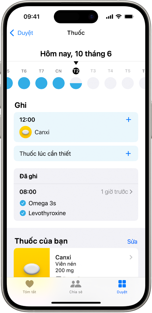 Màn hình Thuốc trong Sức khỏe đang hiển thị ngày và một bản ghi cho các loại thuốc.