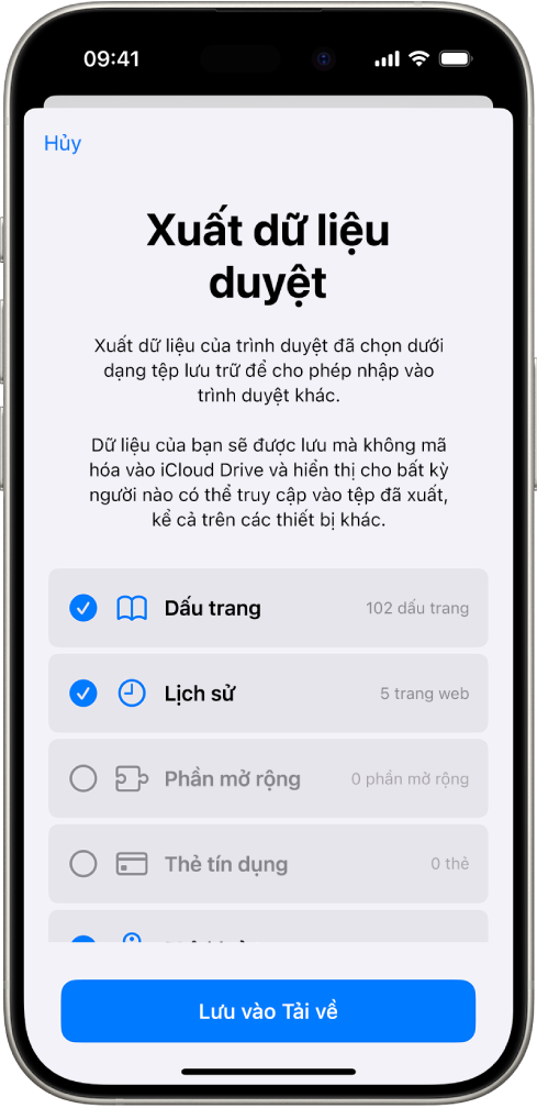 Màn hình Xuất dữ liệu duyệt, hiển thị dữ liệu bạn có thể xuất từ Safari sang một trình duyệt khác.