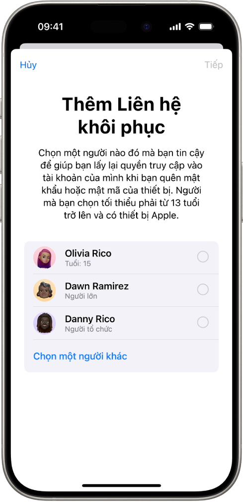 Màn hình Thêm liên hệ khôi phục.