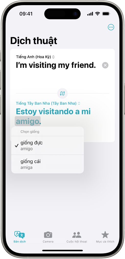 Tab Bản dịch, đang hiển thị một cụm từ được dịch từ Tiếng Anh sang Tiếng Tây Ban Nha, và một từ được tô sáng bằng màu xám có biến thể khác nhau theo giống được liệt kê bên dưới.