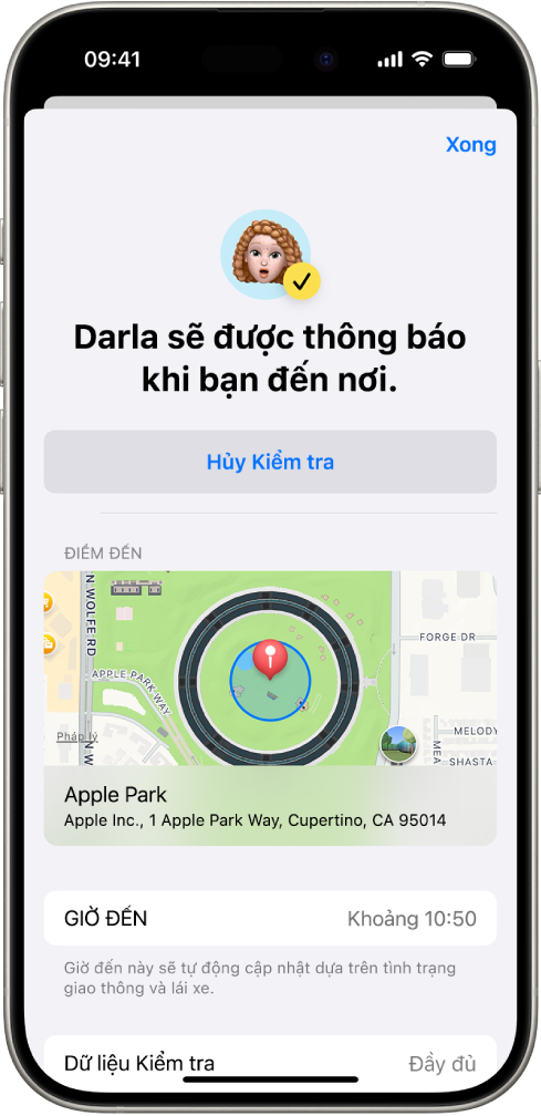 Một màn hình Kiểm tra đang cho biết rằng một người bạn sẽ được thông báo sau 14 phút nữa, bên dưới đó là các tùy chọn để kéo dài thời gian hoặc hủy Kiểm tra. Ở dưới cùng là một bản đồ đang hiển thị vị trí hiện tại.