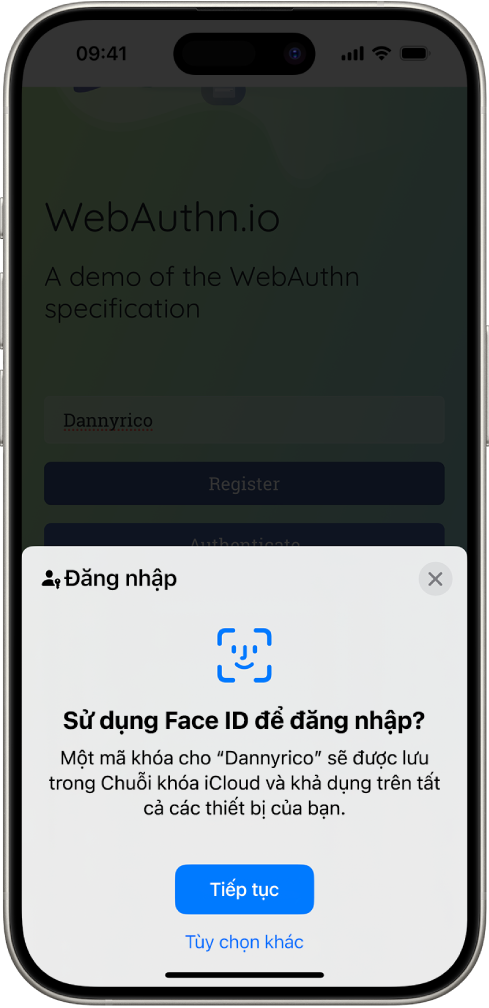 Nửa dưới của màn hình iPhone cung cấp tùy chọn sử dụng mã khóa để đăng nhập vào một trang web. Có một nút Tiếp tục để lưu mã khóa và một nút Tùy chọn khác.