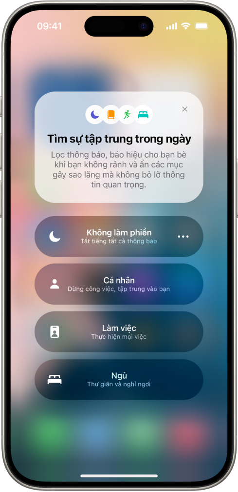 Trung tâm điều khiển đang hiển thị các tùy chọn chế độ tập trung, với các nút để đặt thời lượng của tùy chọn chế độ tập trung.