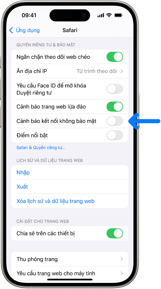 Điều khiển Cảnh báo kết nối không bảo mật, ở bên dưới Quyền riêng tư & Bảo mật trên màn hình Safari trong Cài đặt.