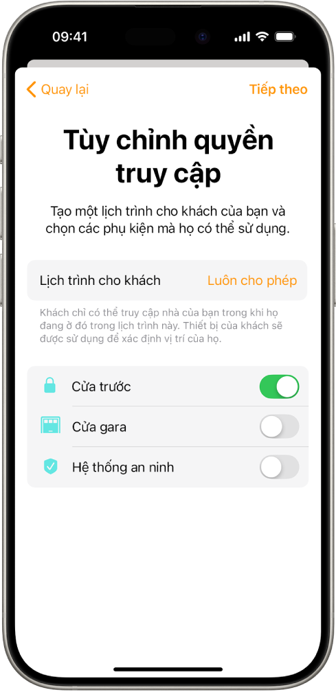 Một màn hình Tùy chỉnh quyền trong ứng dụng Nhà, đang hiển thị Lịch trình cho khách và quyền truy cập cho Cửa trước, Cửa gara và Hệ thống an ninh.
