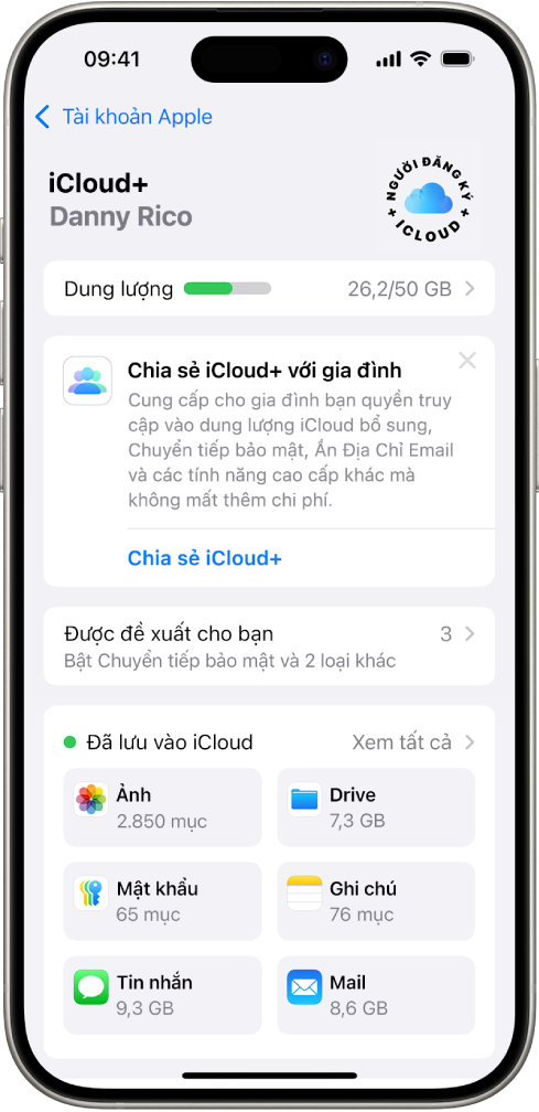 Màn hình cài đặt iCloud đang hiển thị công cụ đo dung lượng iCloud và một danh sách các tính năng – bao gồm Ảnh, iCloud Drive và Sao lưu iCloud – có thể được sử dụng với iCloud.