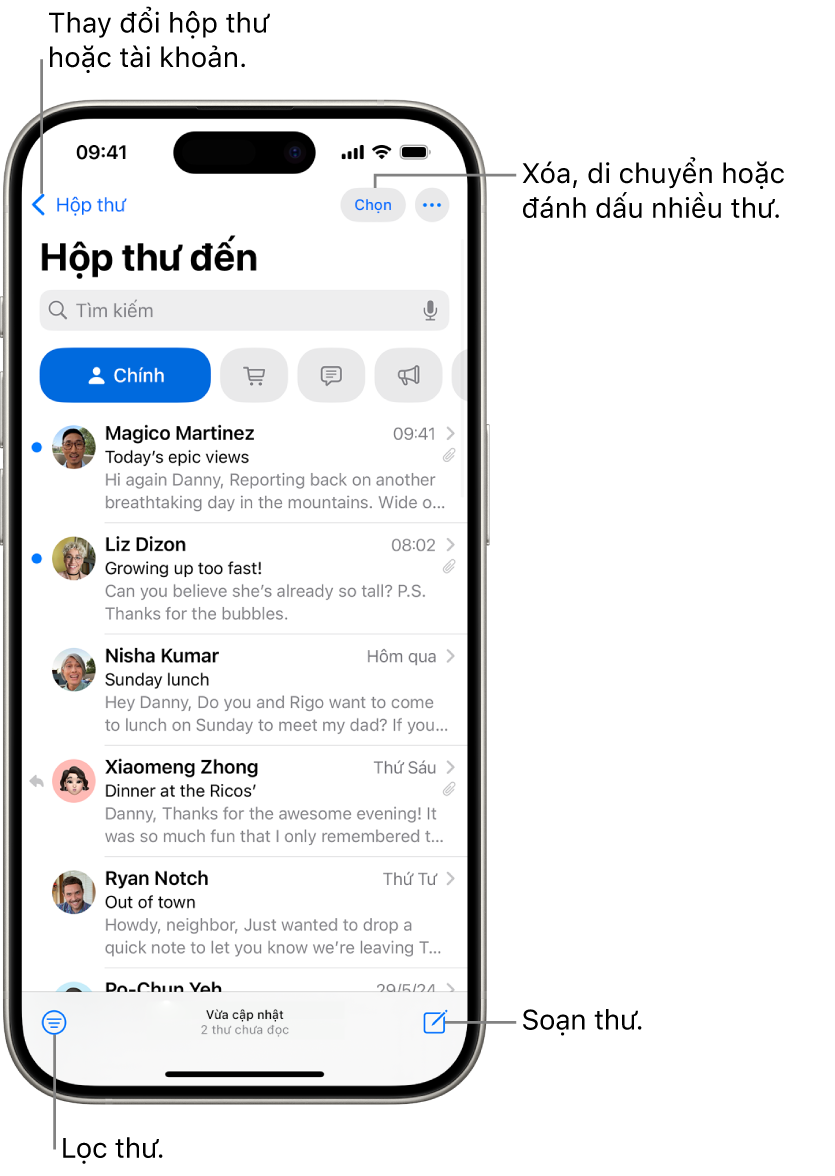 Hộp thư đến của Mail, đang hiển thị một danh sách các email.