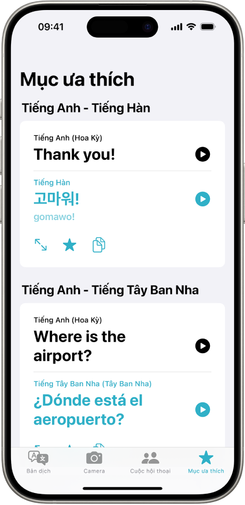Tab Mục ưa thích, đang hiển thị các cụm từ đã lưu được dịch từ Tiếng Anh sang Tiếng Hàn và Tiếng Anh sang Tiếng Tây Ban Nha.