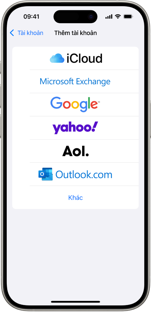 Màn hình Thêm tài khoản, với các tùy chọn để chọn iCloud, Microsoft Exchange, Google, Yahoo, AOL và Khác.