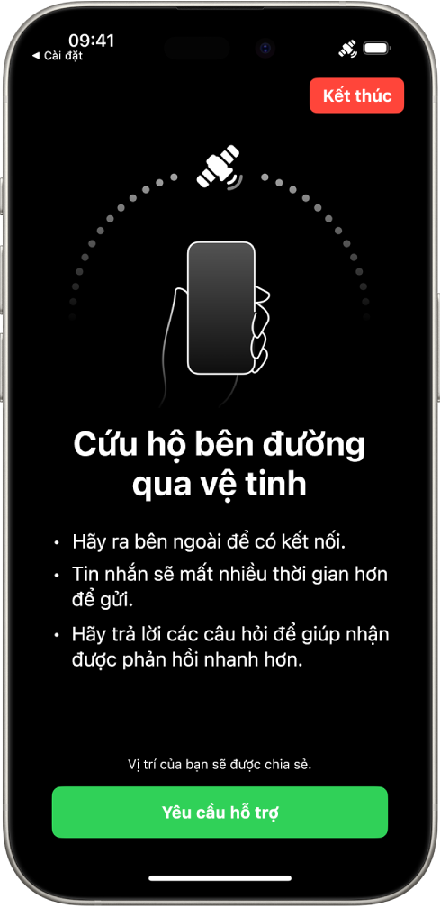 Màn hình Hỗ trợ bên đường qua vệ tinh. Nút Yêu cầu hỗ trợ nằm ở cuối màn hình.