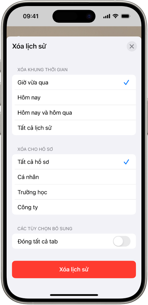 Menu Xóa lịch sử. Bên dưới Xóa khung thời gian, Giờ vừa qua được chọn. Tất cả hồ sơ được chọn bên dưới Xóa cho hồ sơ. Nút Xóa lịch sử nằm ở cuối màn hình.