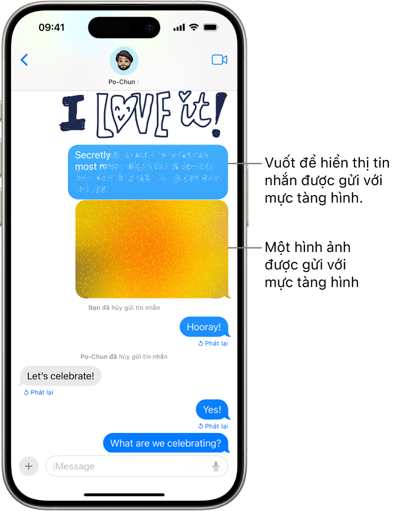 Một bản xem trước tin nhắn với hiệu ứng Mực tàng hình.