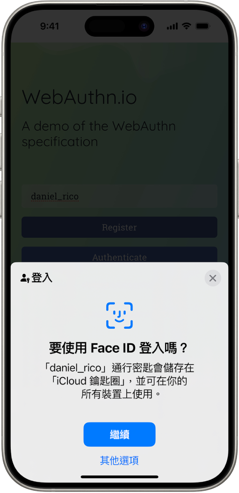 登入畫面，其會在你已為帳户儲存通行密匙的時候出現。畫面底部為「繼續」和「其他選項」按鈕。