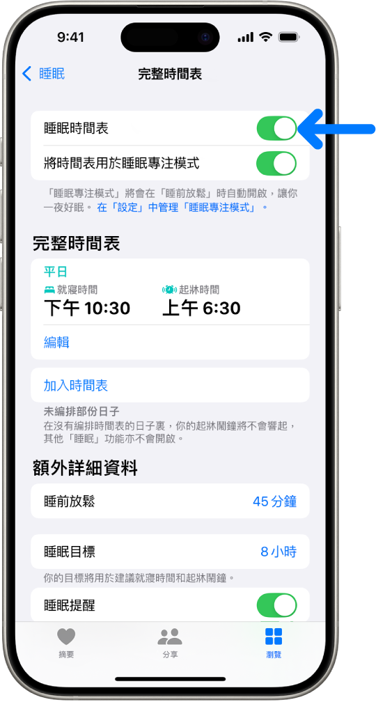 「健康」中的「完整時間表」睡眠畫面，其中最上方已開啟「睡眠時間表」。