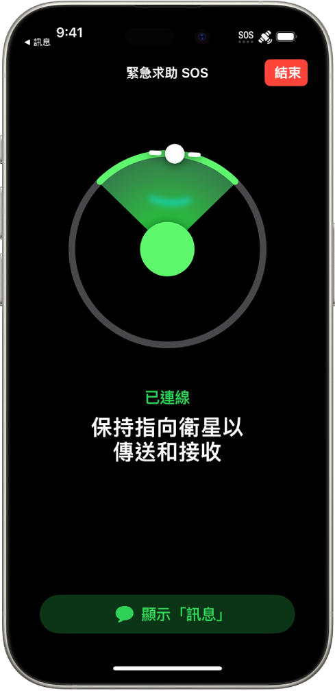 「緊急求助 SOS」畫面,顯示電話已連線並指示用户繼續指向衛星。「顯示『訊息』」按鈕位於螢幕底部。