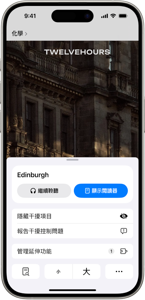 在 Safari 中，點一下網站上的「頁面設定」按鈕，顯示「隱藏干擾項目」等選項。