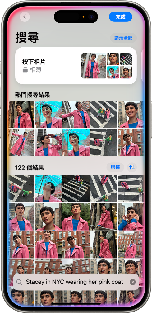 iPhone 顯示「相片」App 中的相片。螢幕底部顯示包括描述的搜尋列。