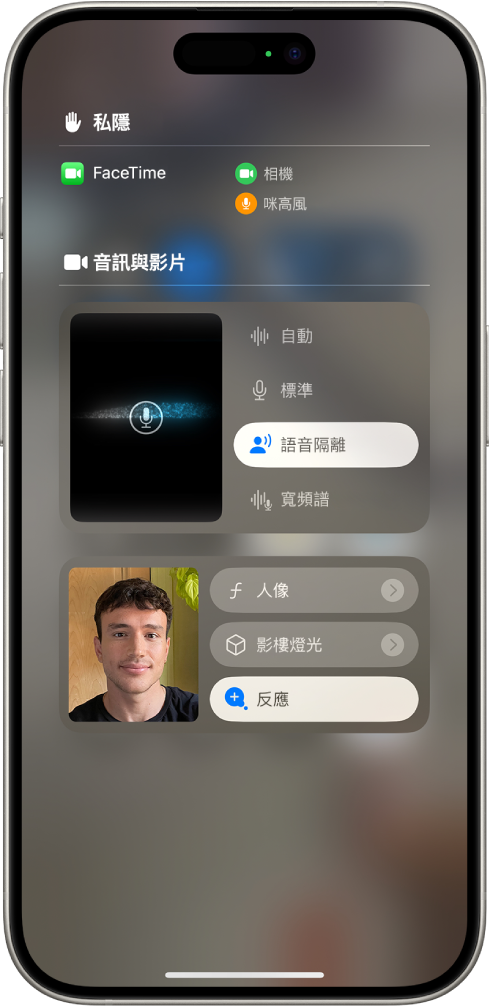 FaceTime 通話的「控制中心」設定，顯示音訊設定：「標準」、「語音隔離」和「寬頻譜」。