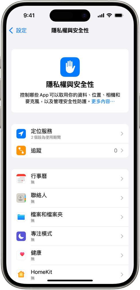 「隱私權與安全性」畫面,顯示「定位服務」和「追蹤」設定,以及控制哪些 App 可以取用你資料的設定。