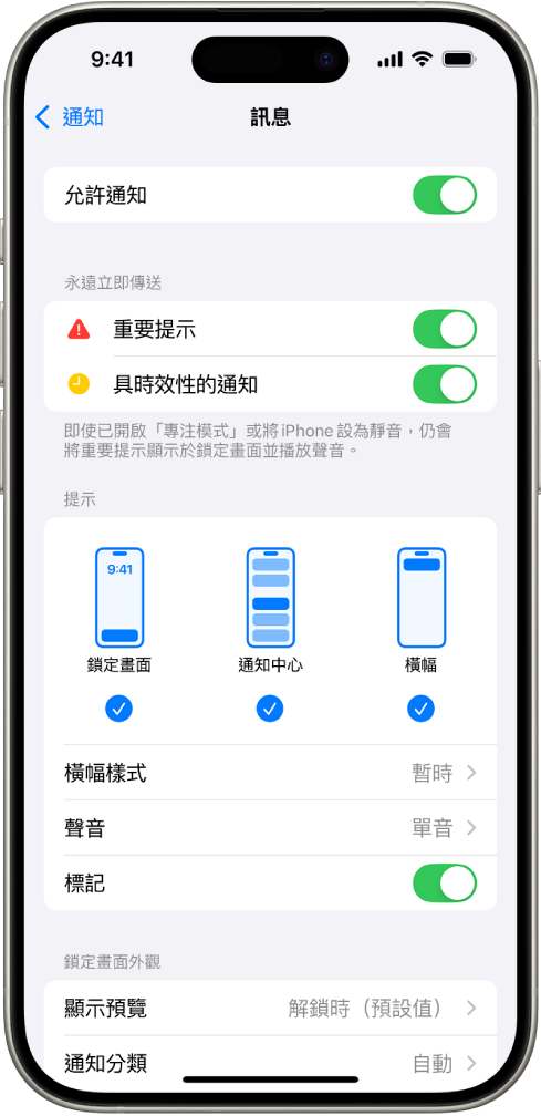 iPhone 顯示「訊息」的通知和提示設定。