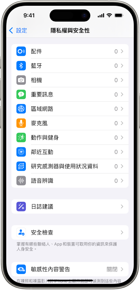 「隱私權與安全性」畫面,顯示用於控制 App 是否能使用相機、麥克風和 iPhone 其他部件的設定。
