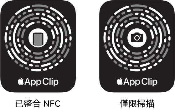 左方為已整合 NFC 的輕巧 App 條碼,iPhone 圖像位於其中央。右方為僅限掃描的輕巧 App 條碼,相機圖像位於其中央。