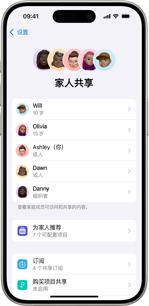 “设置”中的“家人共享”屏幕。列出了五名家庭成员,并且有 4 项订阅已与家人共享。