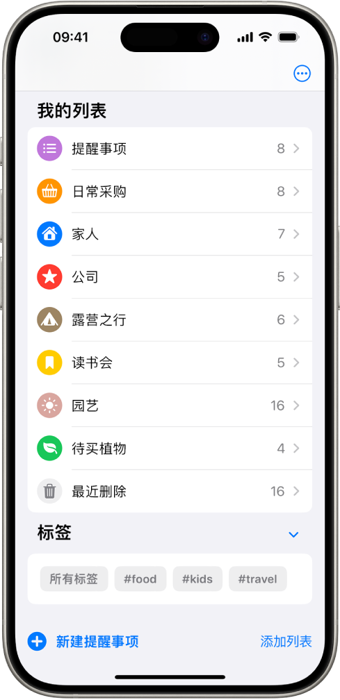 “提醒事项”屏幕显示多个列表,底部是标签浏览器。