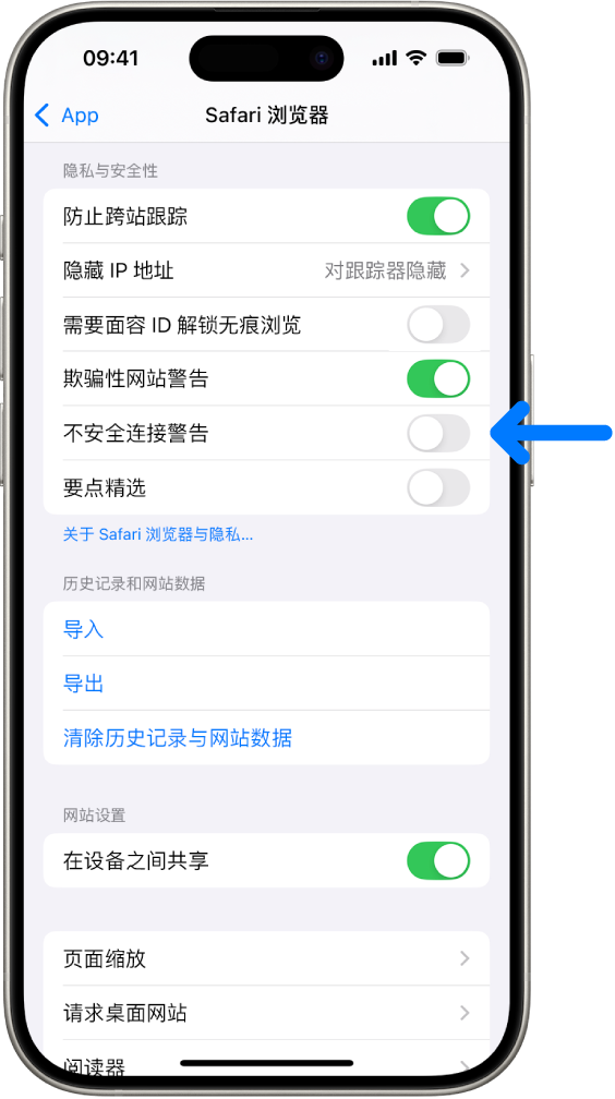 “不安全连接警告”控制，位于“设置”中 Safari 浏览器屏幕上的“隐私与安全性”下方。