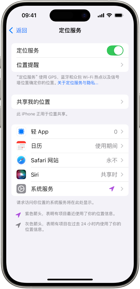 “定位服务”屏幕,显示用于与 App 共享 iPhone 位置的设置。